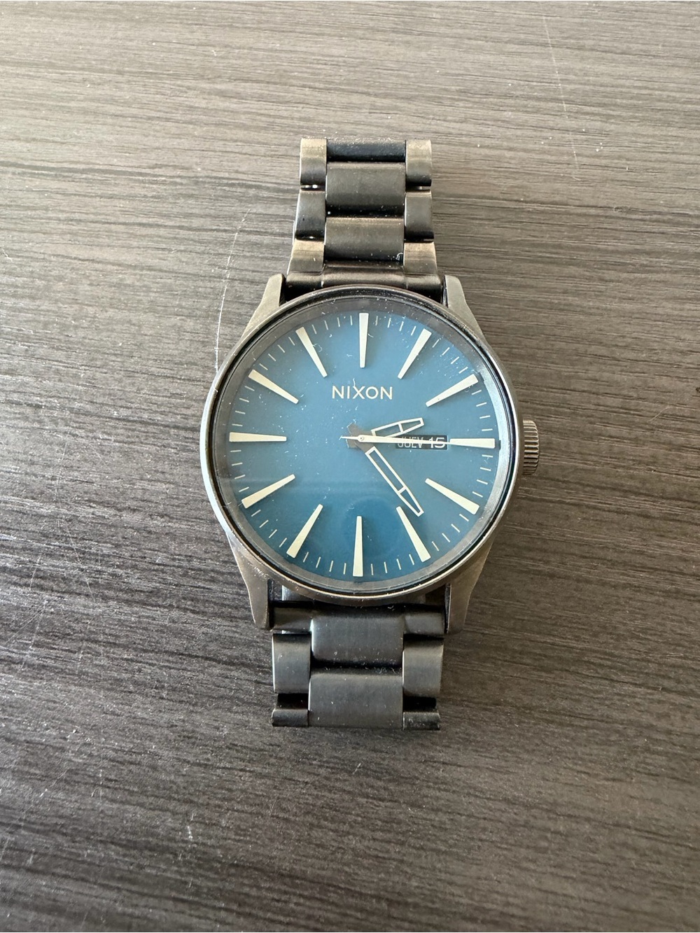 Nixon The Sentry SS Mens Watch Blue Dial Gunmetal Stainless Steel Day Date C18